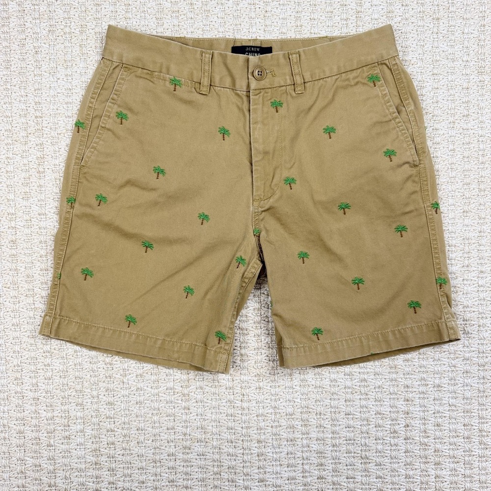 J Crew Chino Shorts Womens 4 Beige Palm Tree Embroidered Summer Beach Resortwear